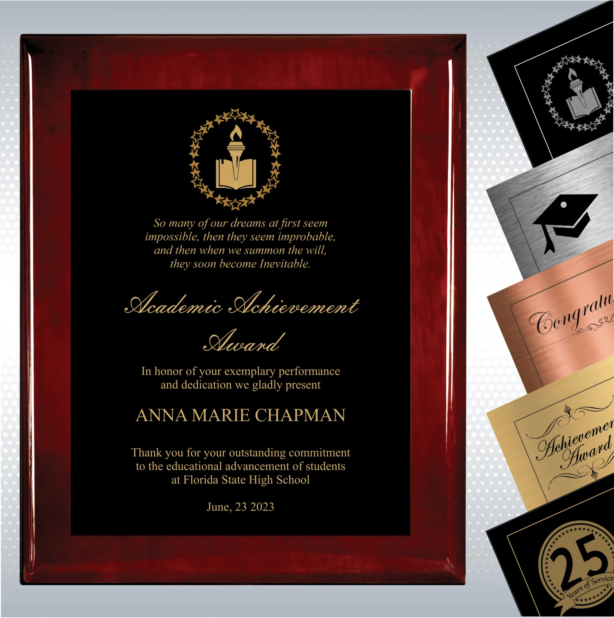 Rosewood Piano Finish Wood Plaque Academic Achievement 8