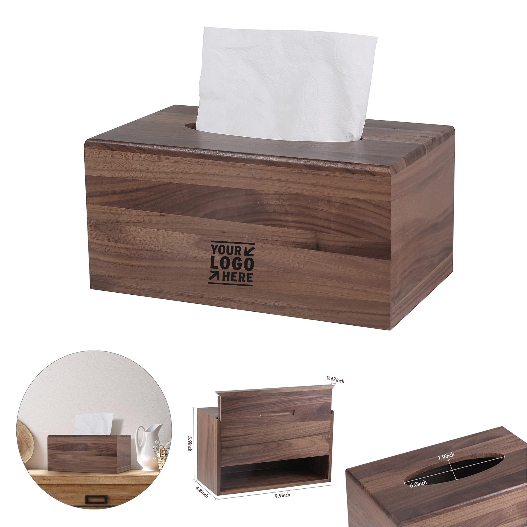 Rectangular Walnut Wood Tissue Box Cover With Slide-Out Bottom 2