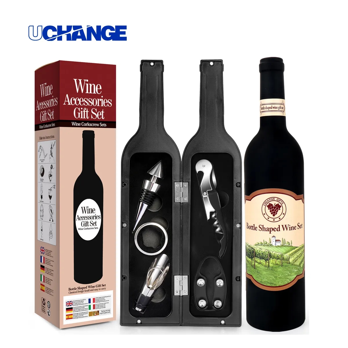Wooden Box Wine Accessory Gift Set 3