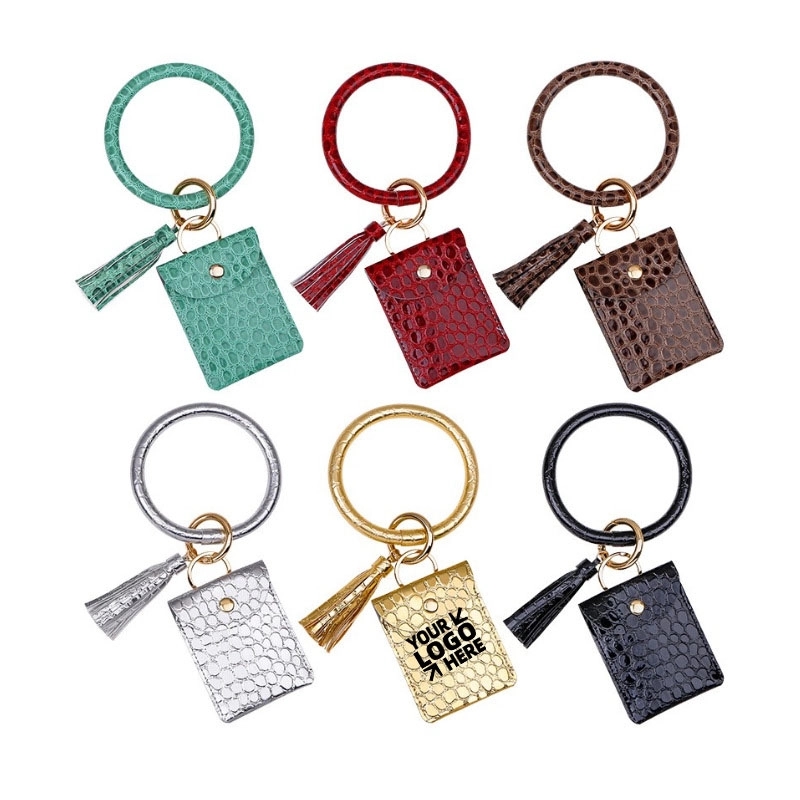 PU Leather Tassel Bracelet ID Credit Cards Holder Keychain 1