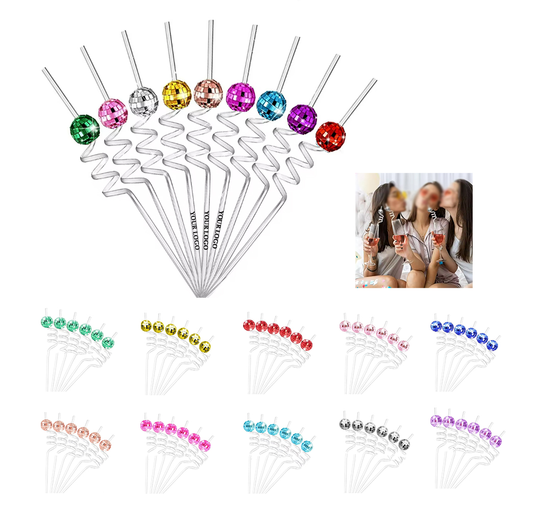 Coloful Metal Glitter Ball Disco Straw 2
