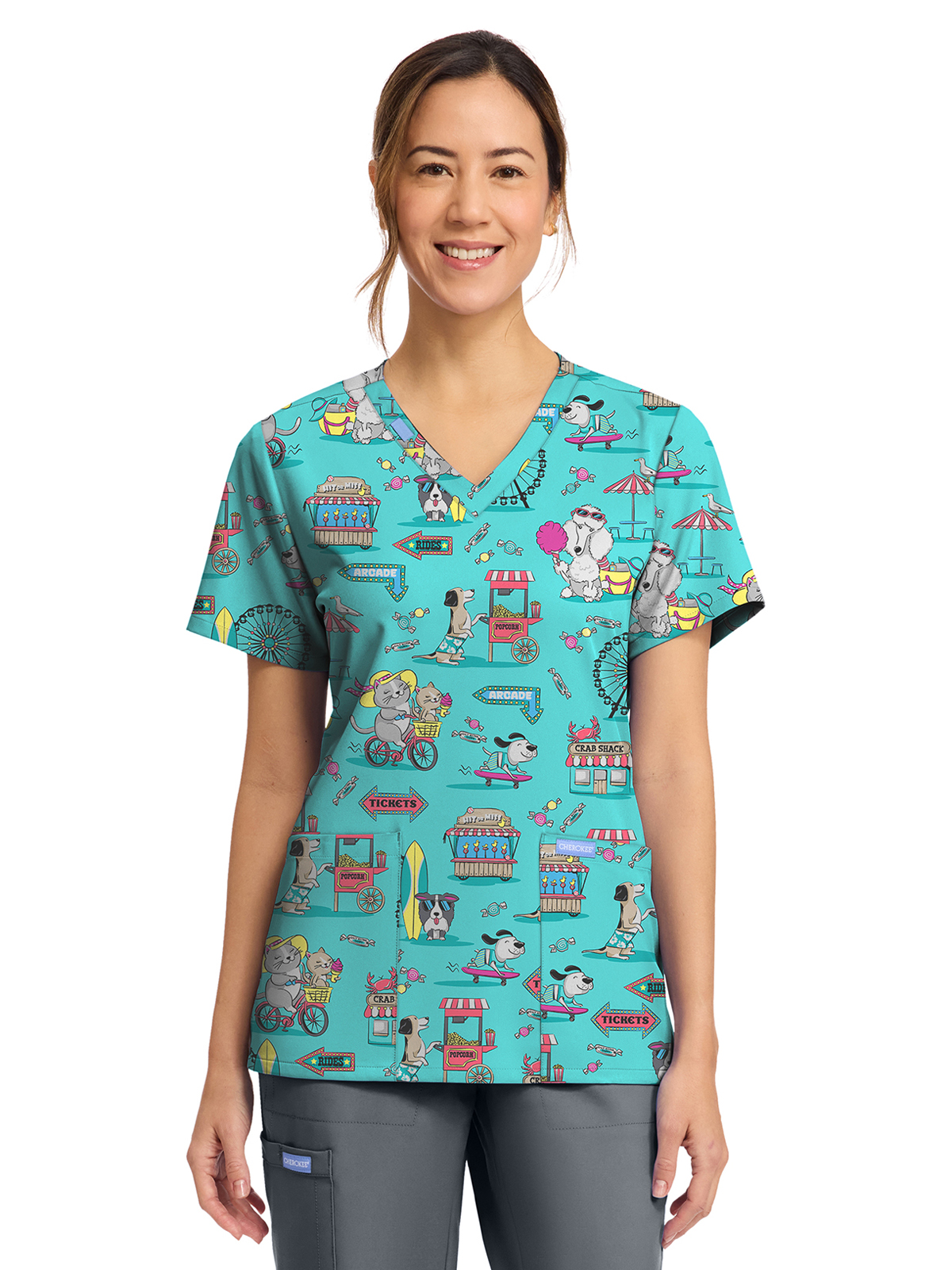 Cherokee - Genuine - Women's 2-Pocket Print V-Neck Scrub Top 16