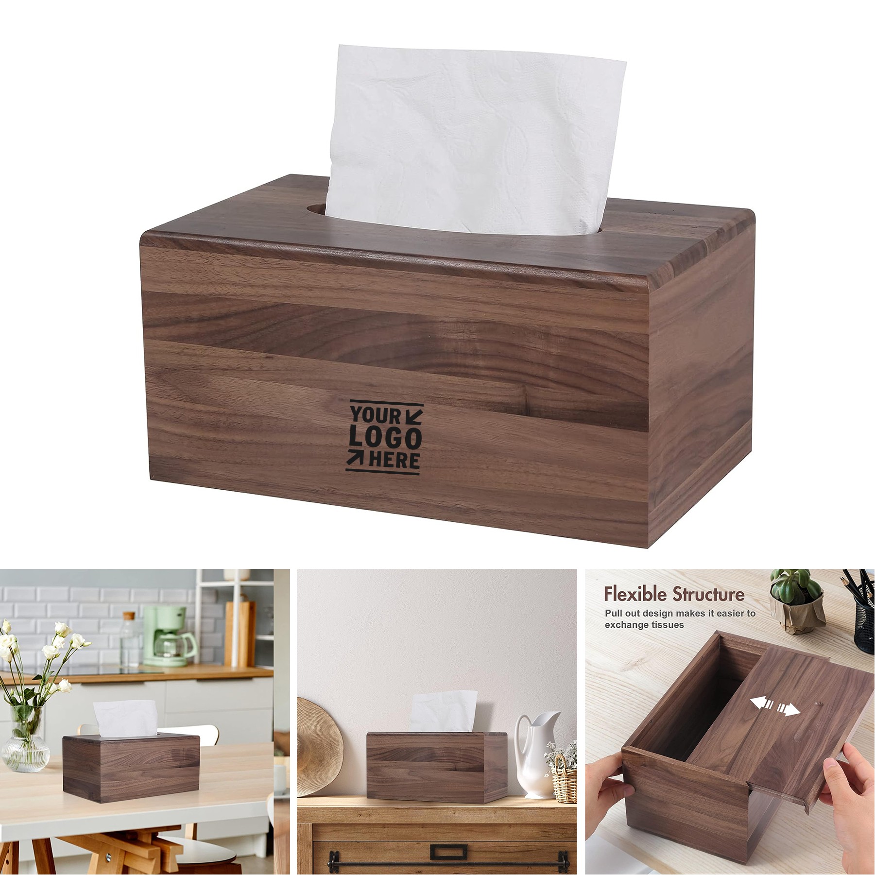 Rectangular Walnut Wood Tissue Box Cover With Slide-Out Bottom 3