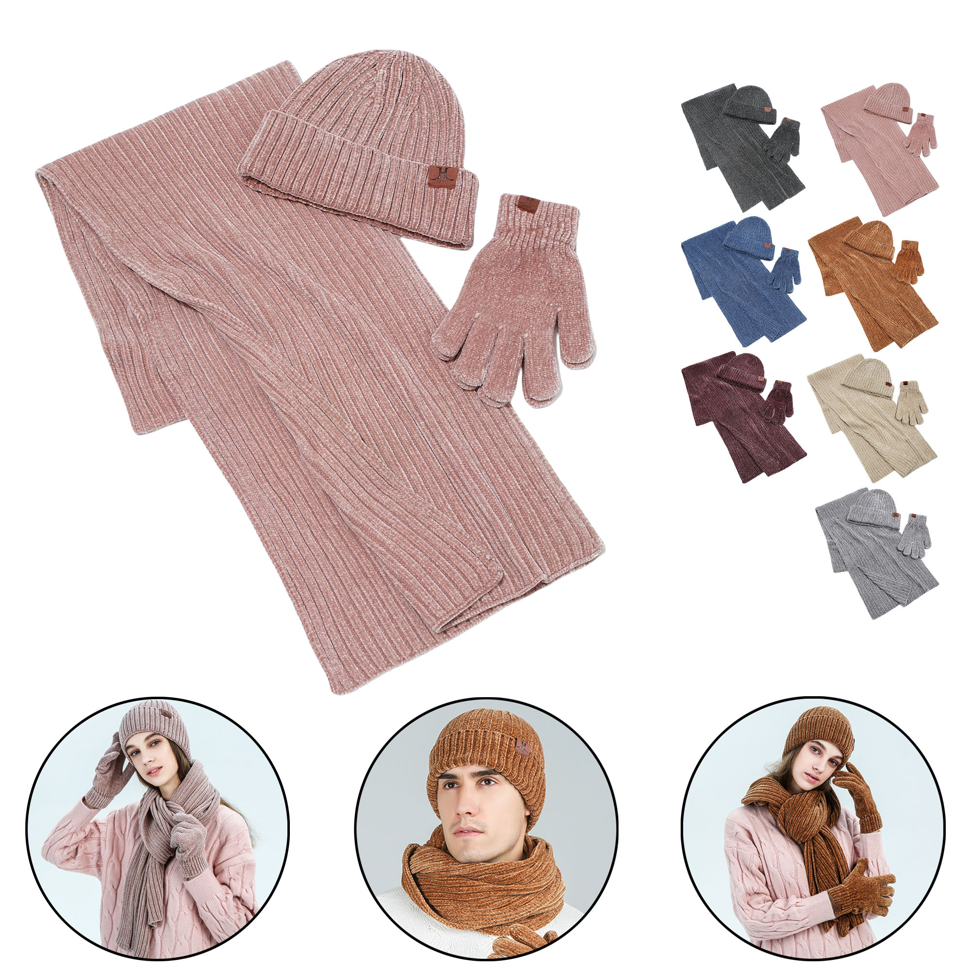 Winter Scarf Hat Gloves Set - Rib Knit Beanie Neck Warmer Touchscreen Gloves 9