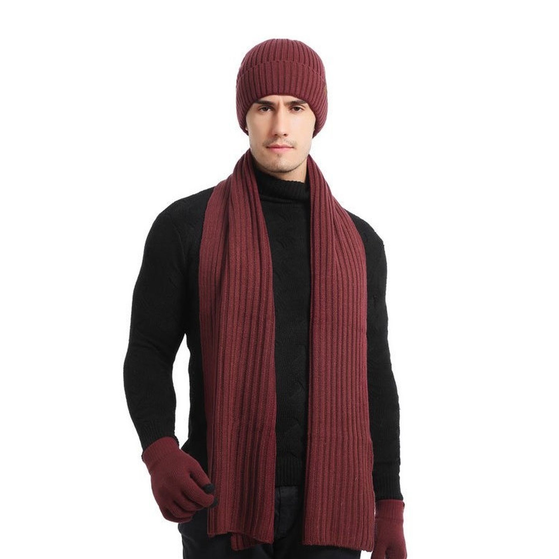 Winter Beanie Hat Warmer Long Scarf Touchscreen Gloves Set 7