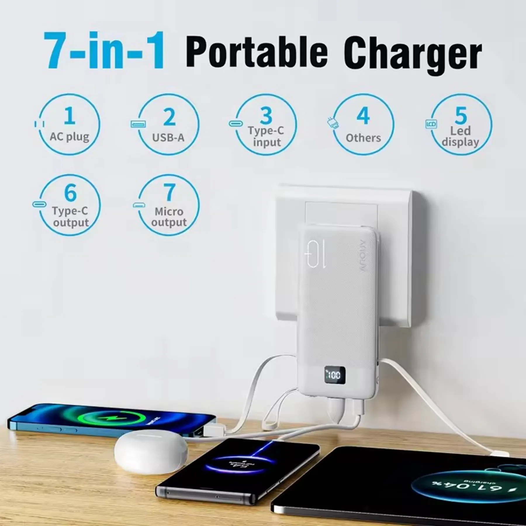 10000 mAh Built-in Charging Cables Power Bank with Plug 1