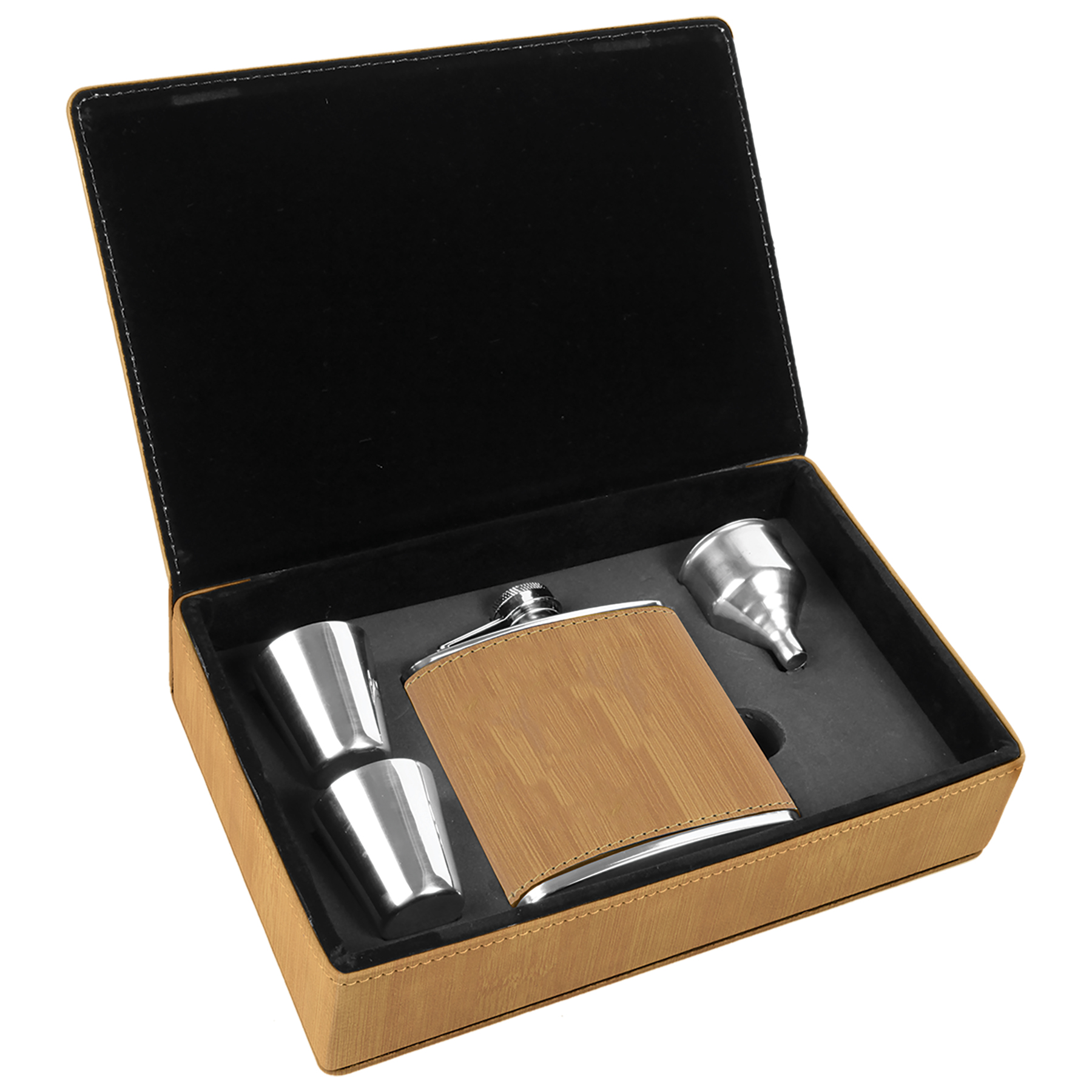 Stainless Steel Bamboo Leatherette Flask Gift Set 4