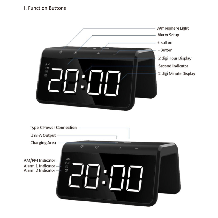 Digital Alarm Clock With Qi Certified 10W Wireless Charger A 12