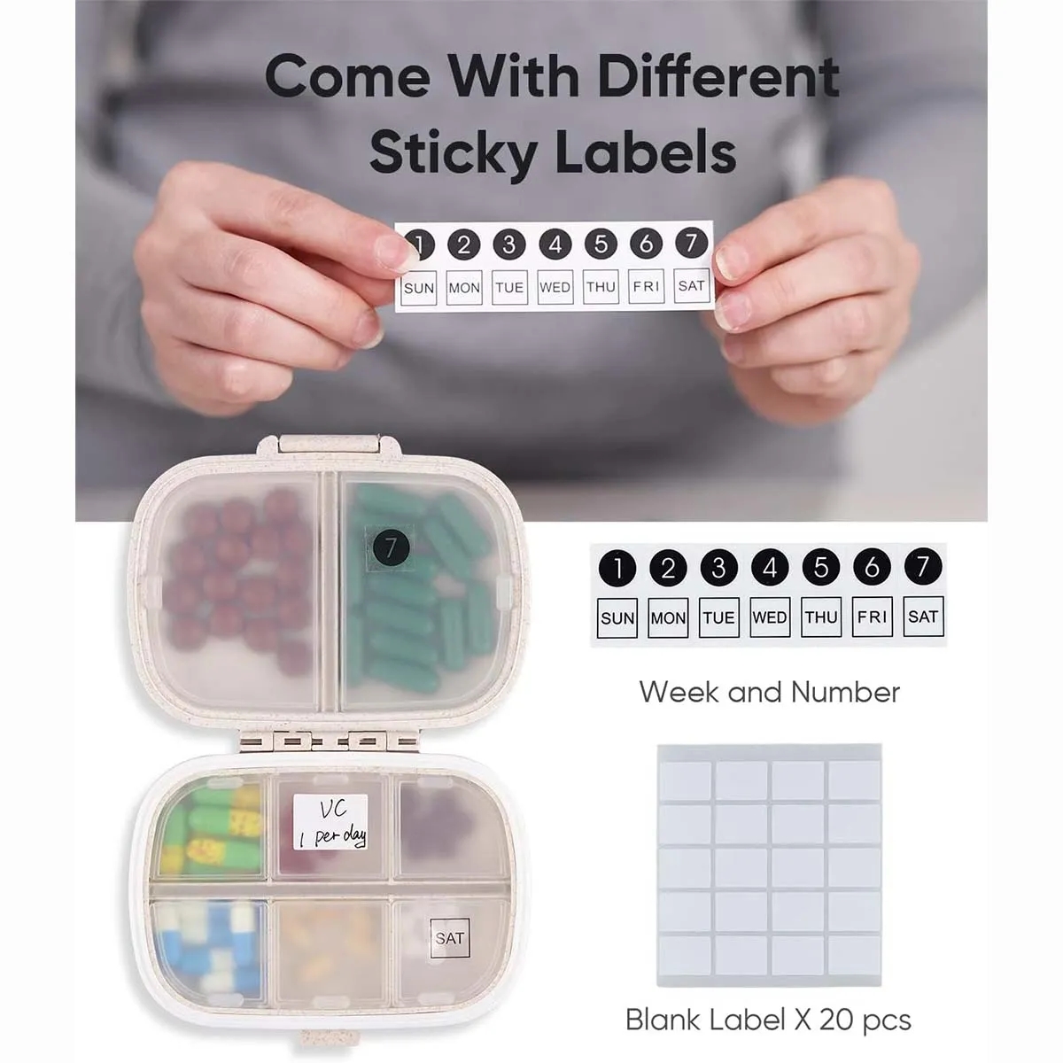 8 Compartments Wheat Straw Portable Daily Pill Organizer 6