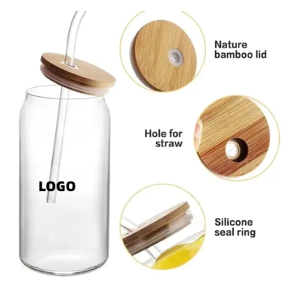 Glass Cups With Bamboo Lids And Straws 8