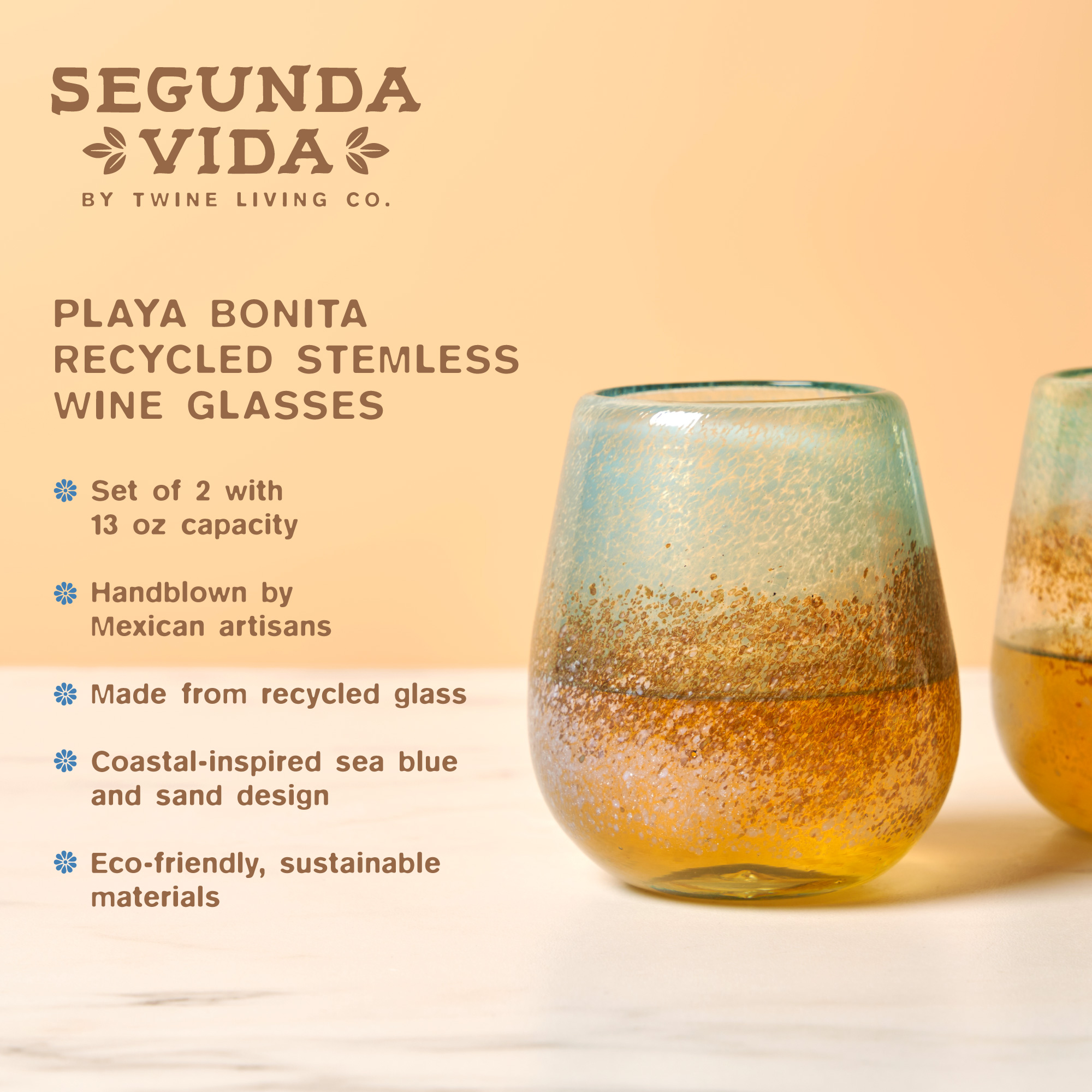 Twine Living® Playa Bonita Stemless Recycled Wine Glass, set of 2 8