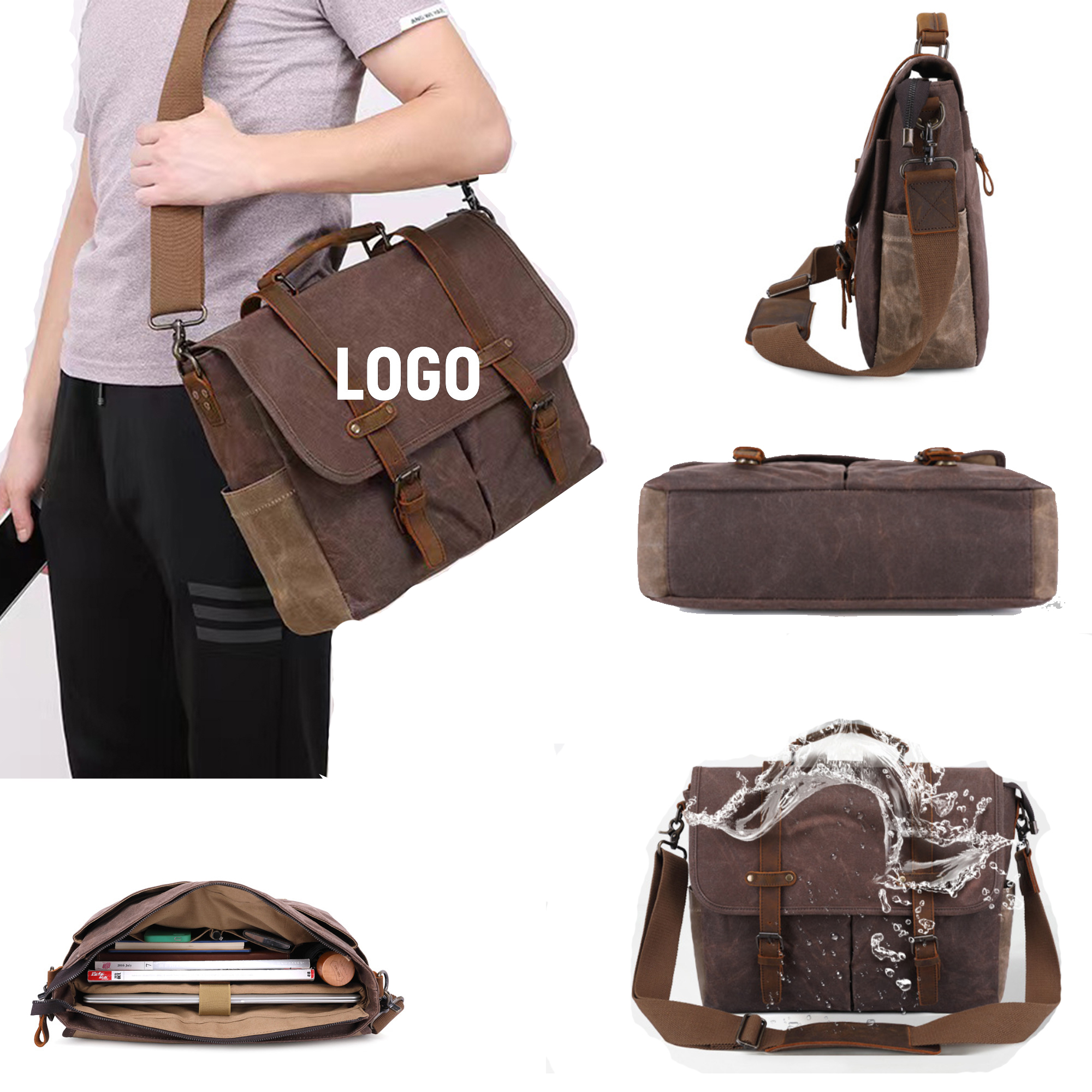 Leather Waxed Canvas Waterproof Mens Messenger Bag 3