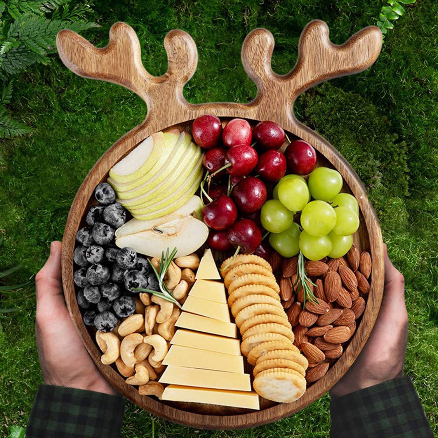 Rustic Wood Serving Platter w/ Antler Handle 5