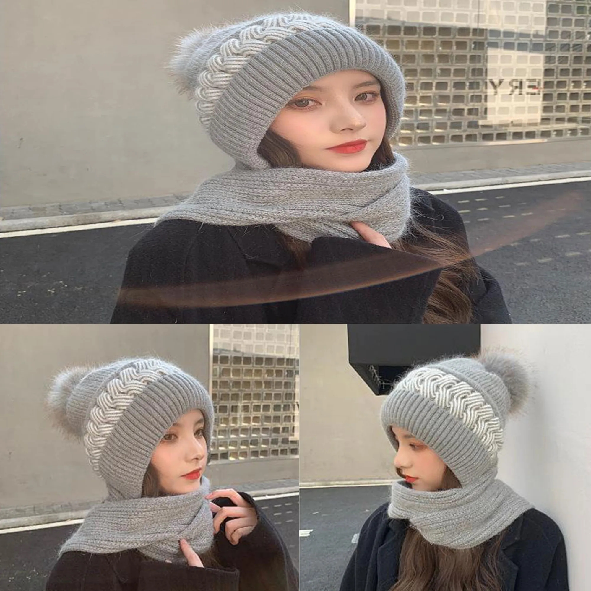 Warm Knitted Women Winter Hat With Scarf Pom-Pom 3