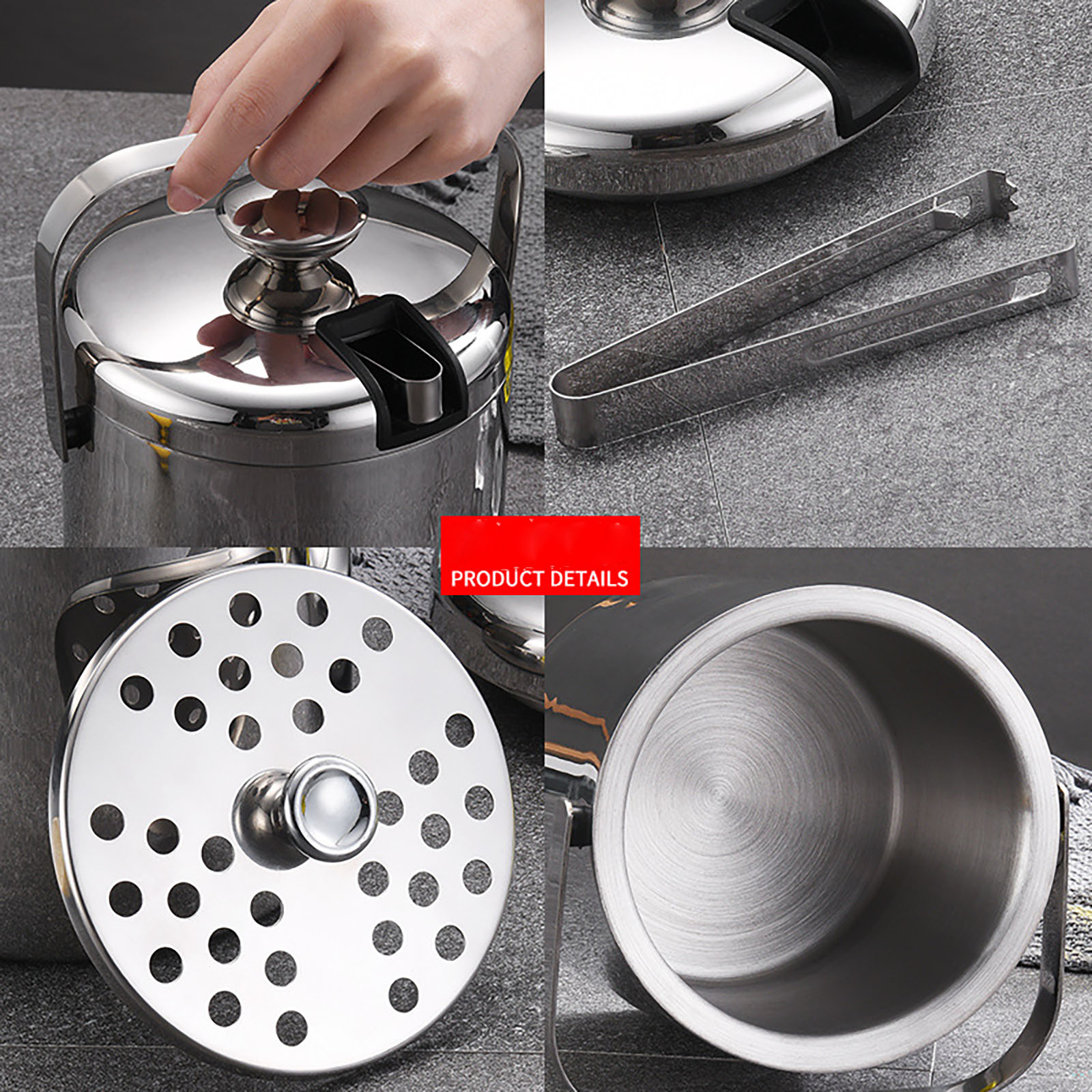 Double Wall Stainless Steel Insulated Ice Bucket with Lid Strainer and Tongs 4