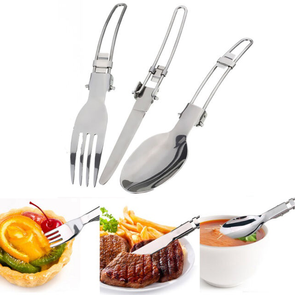 3Pcs Folding Spoon Fork Knife Camping Cutlery Set 4