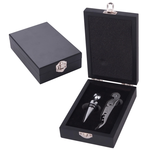 Stainless Steel Wine Opener & Stopper Set in a Wood Case 2