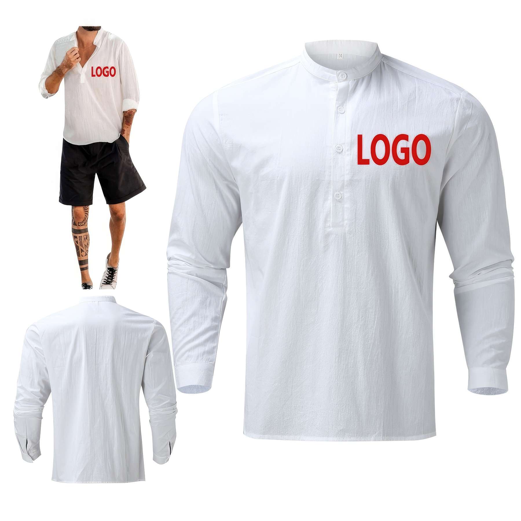 Cotton Linen Pullover Henley Collar Long Sleeve Men's Shirt 2