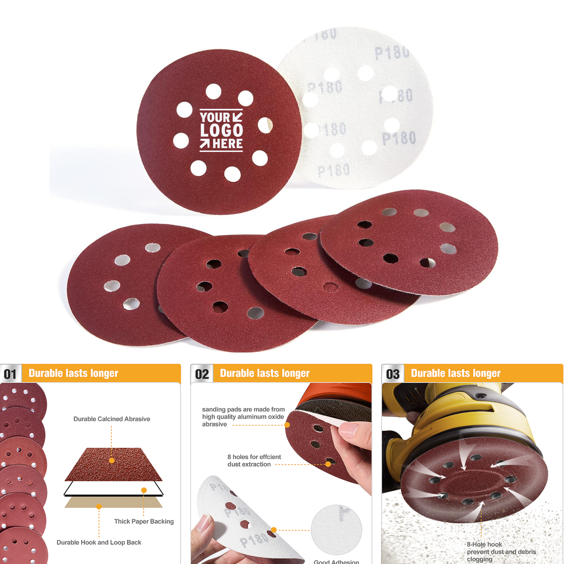 5 Inch Hook Loop Sandpaper 8 Hole Sanding Disc180 Grit Premium Aluminum Oxide 2