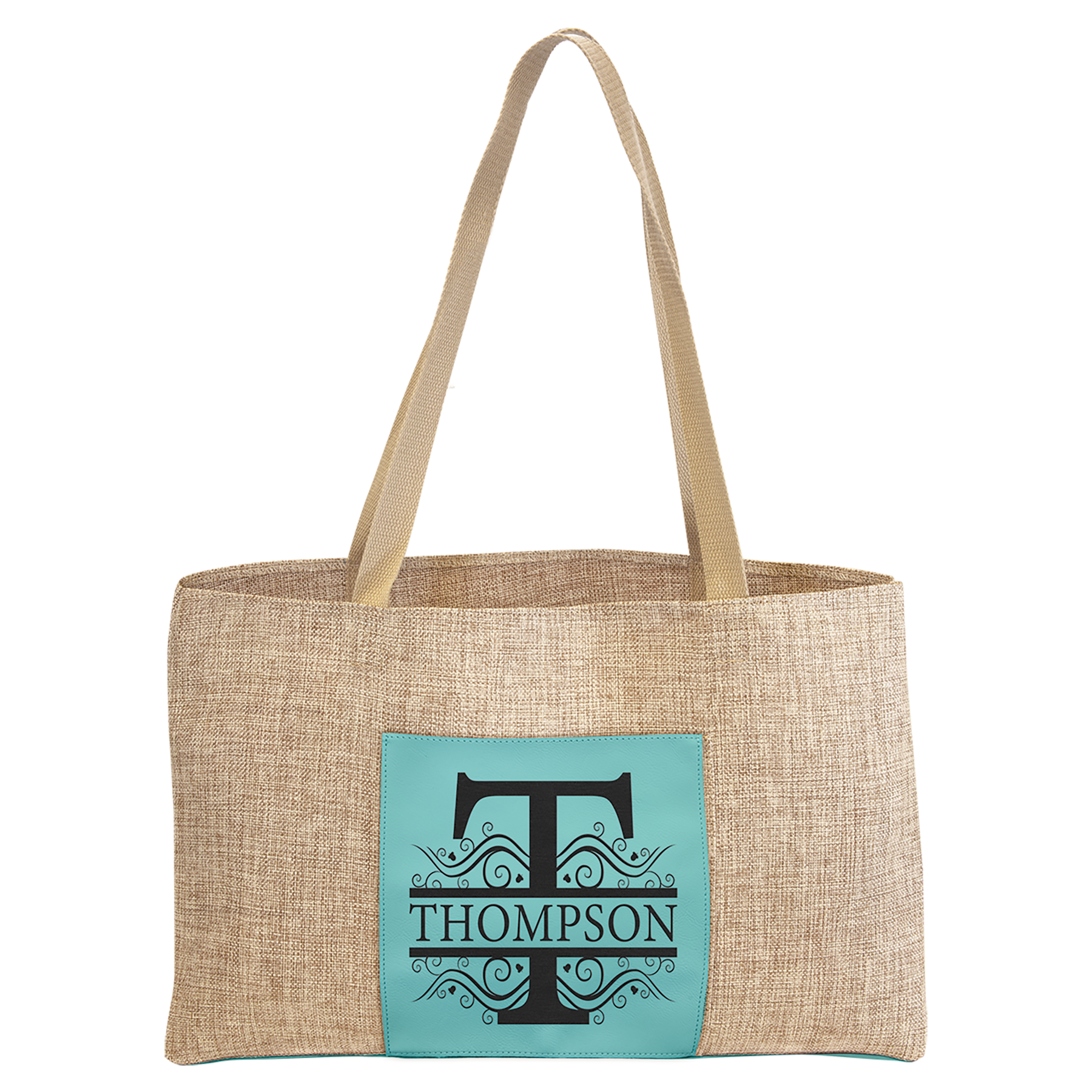 19" x 12" Burlap Bag with 5" Teal Leatherette Gusset 2