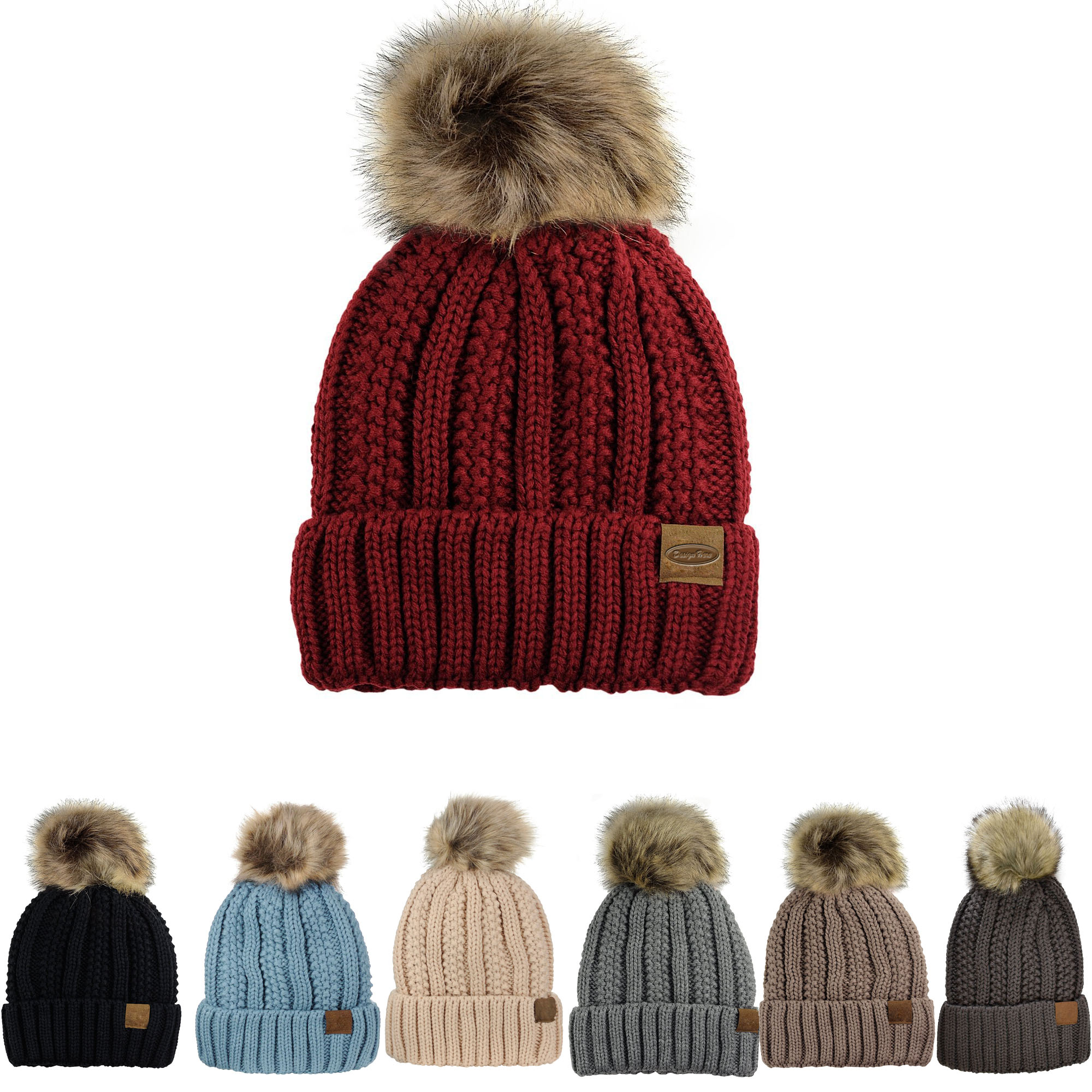 Thick Cable Knit Beanie with Faux Fur Pom & Fleece Lining 4