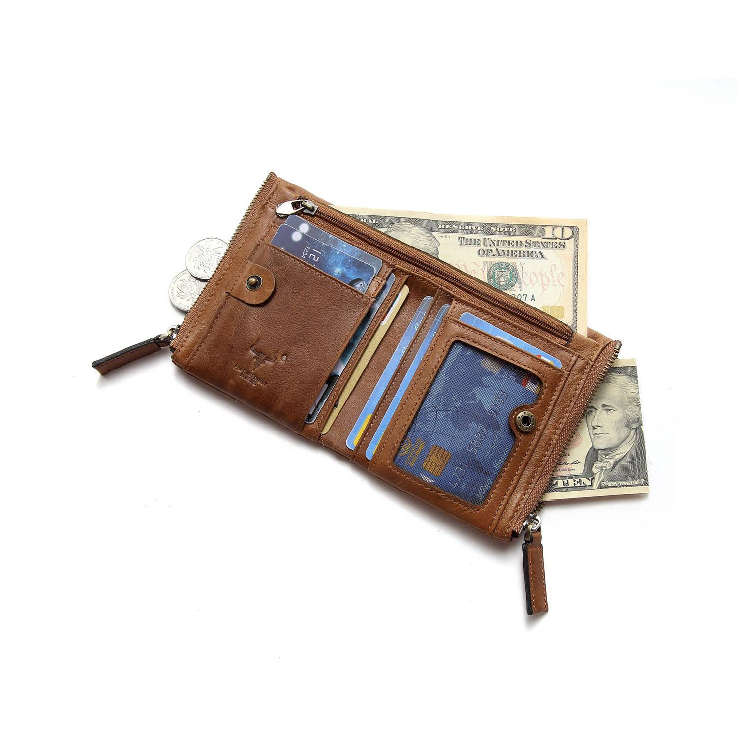 Genuine Leather Double zipper short vintage wallet 4