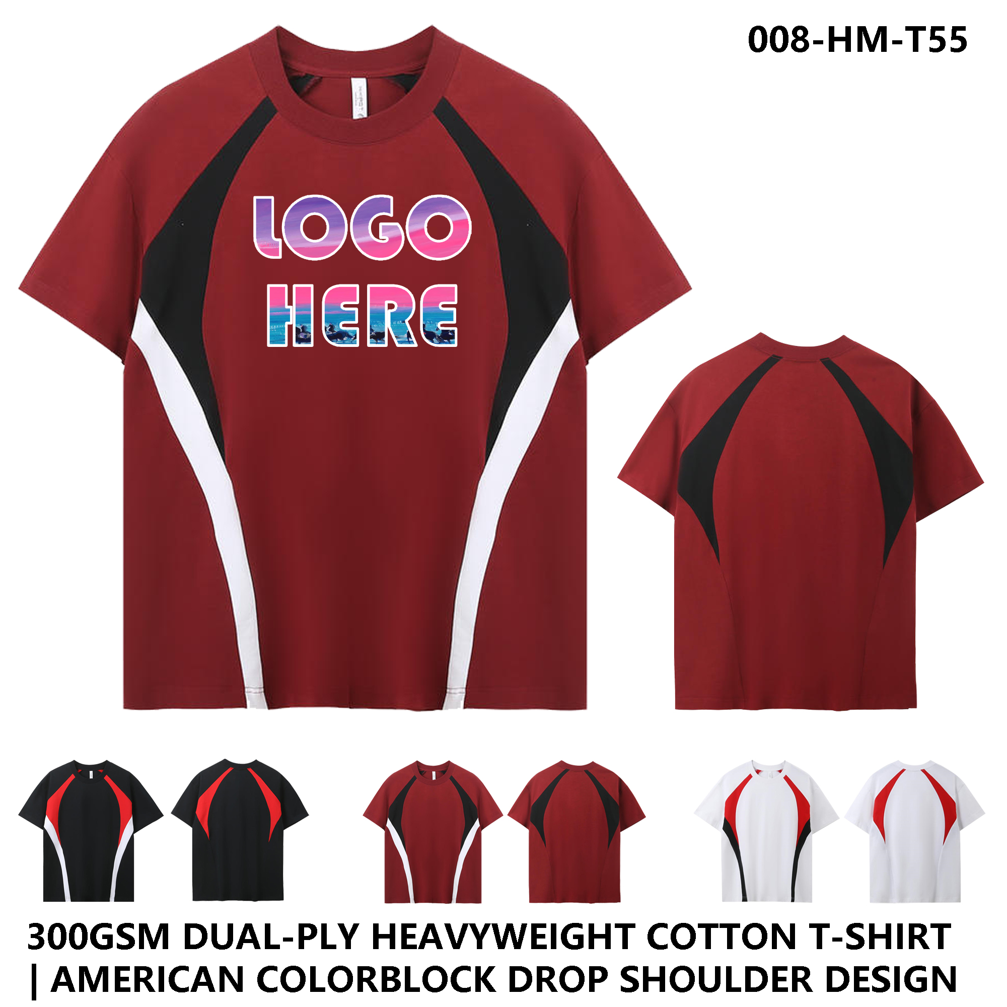 Heavyweight 300g Cotton Casual Tee - Drop Shoulder Contrast Panels Unisex Style 1