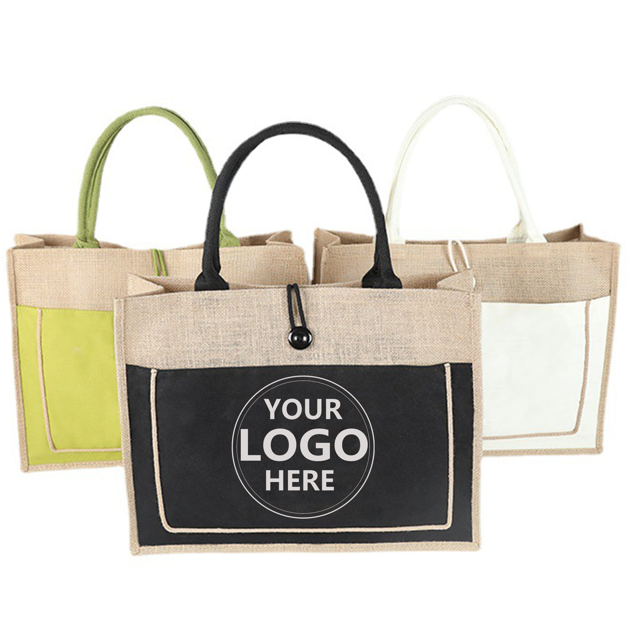 Patchwork Jute Shopping Tote Bag, custom tote bag with logo imprint 1