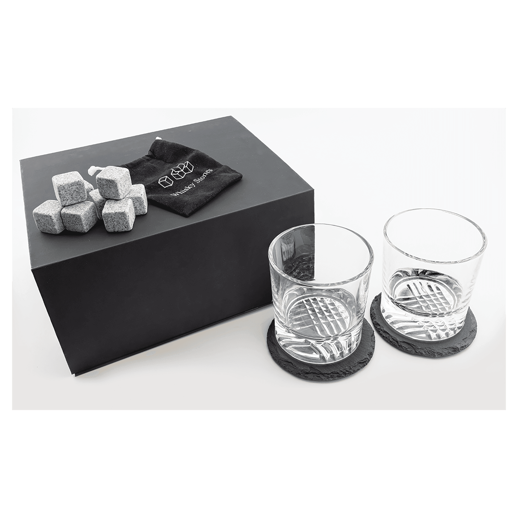 Whiskey Set with Two 9 oz. Glasses, Two 4" Slate Coasters, and 8 Granite Whiskey Stones with a Bag 4