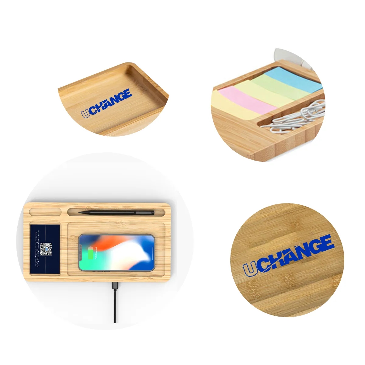 Bamboo Wireless Charging Desk Tray Organizer 15W 2