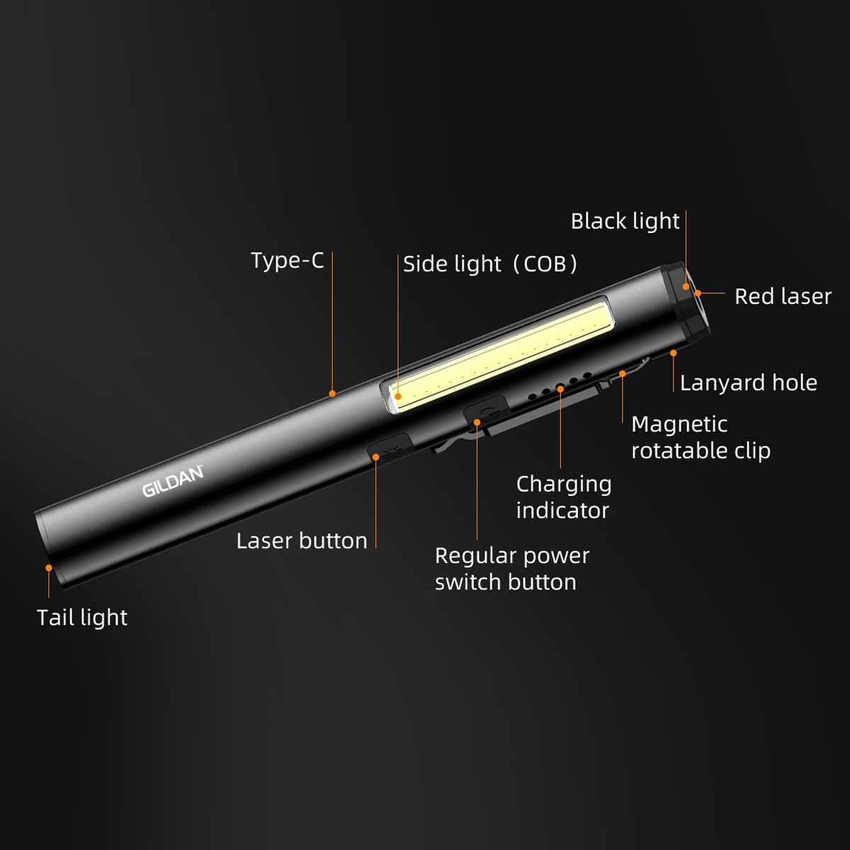 4-in-1 Rechargeable 350 Lumen COB Work Light, 160 Lumen Spot Light, 5mW Red Laser Pointer And 365nm 2