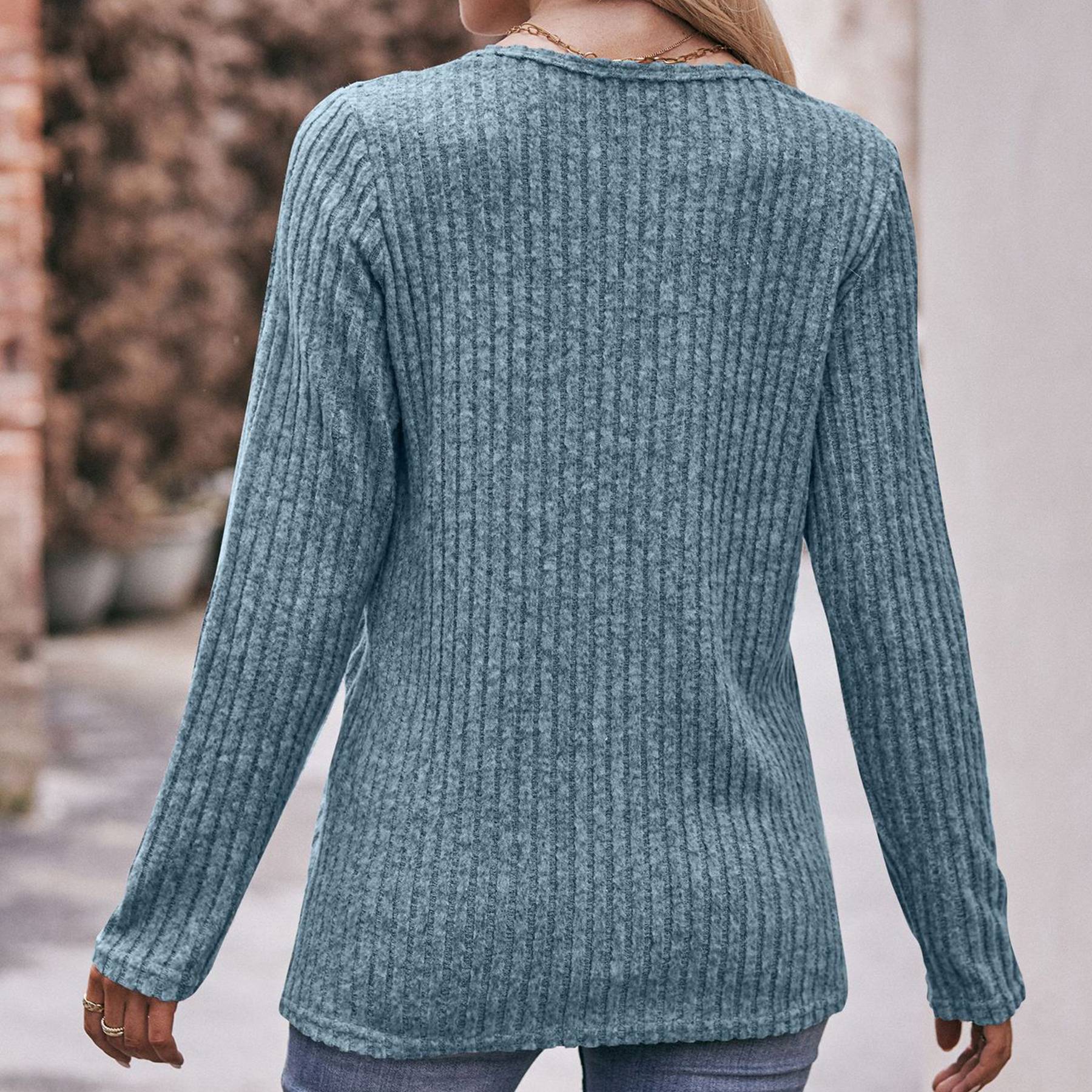 Women's solid color slit button T-shirt 13