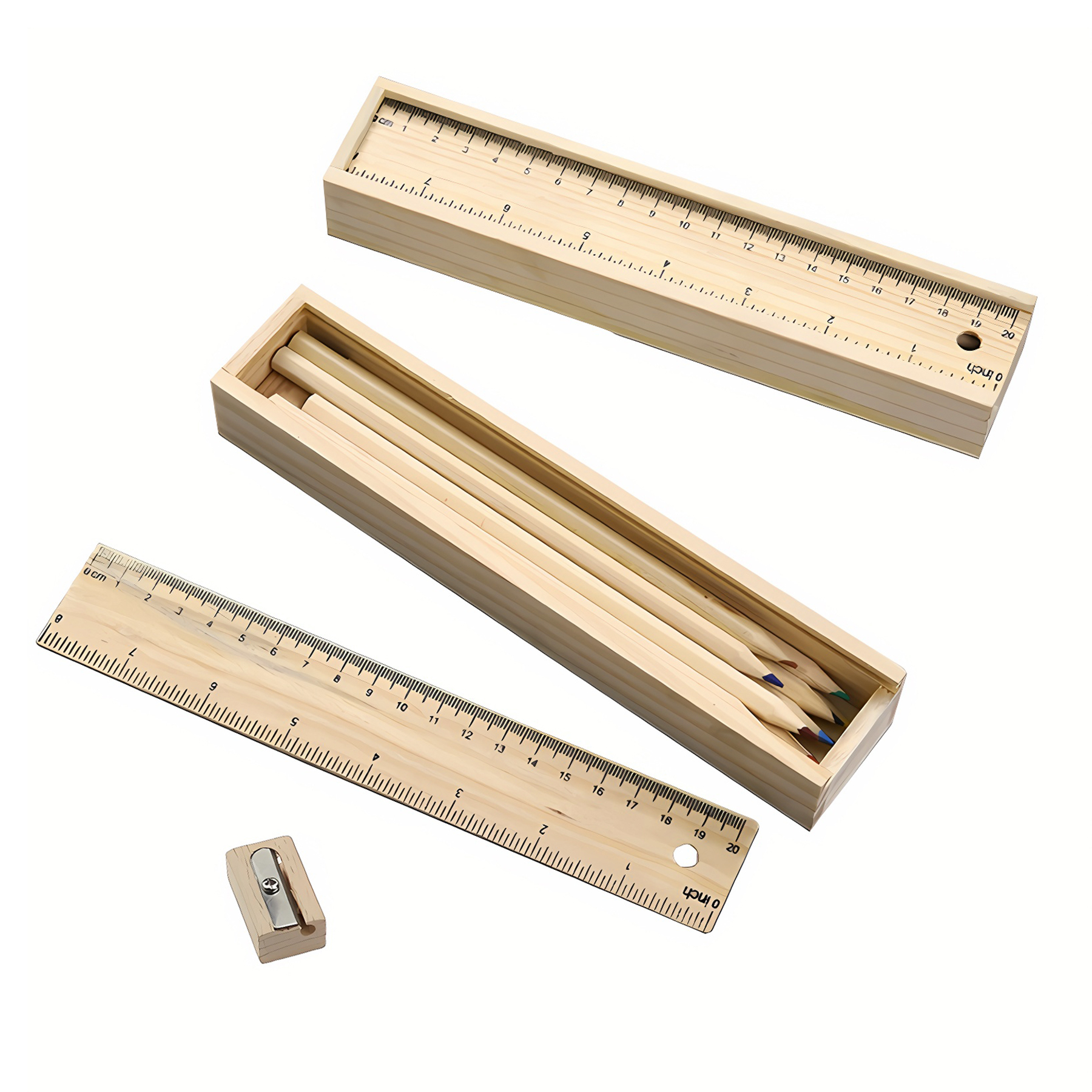 Pull-Out Wooden 12-Color Pencil Ruler case Set W/ Sharpener 2