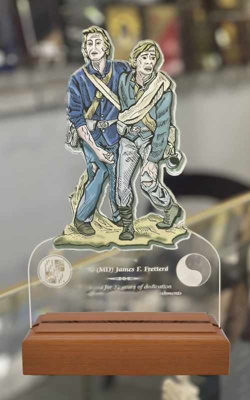 Custom Cut acrylic with color in wood base 4