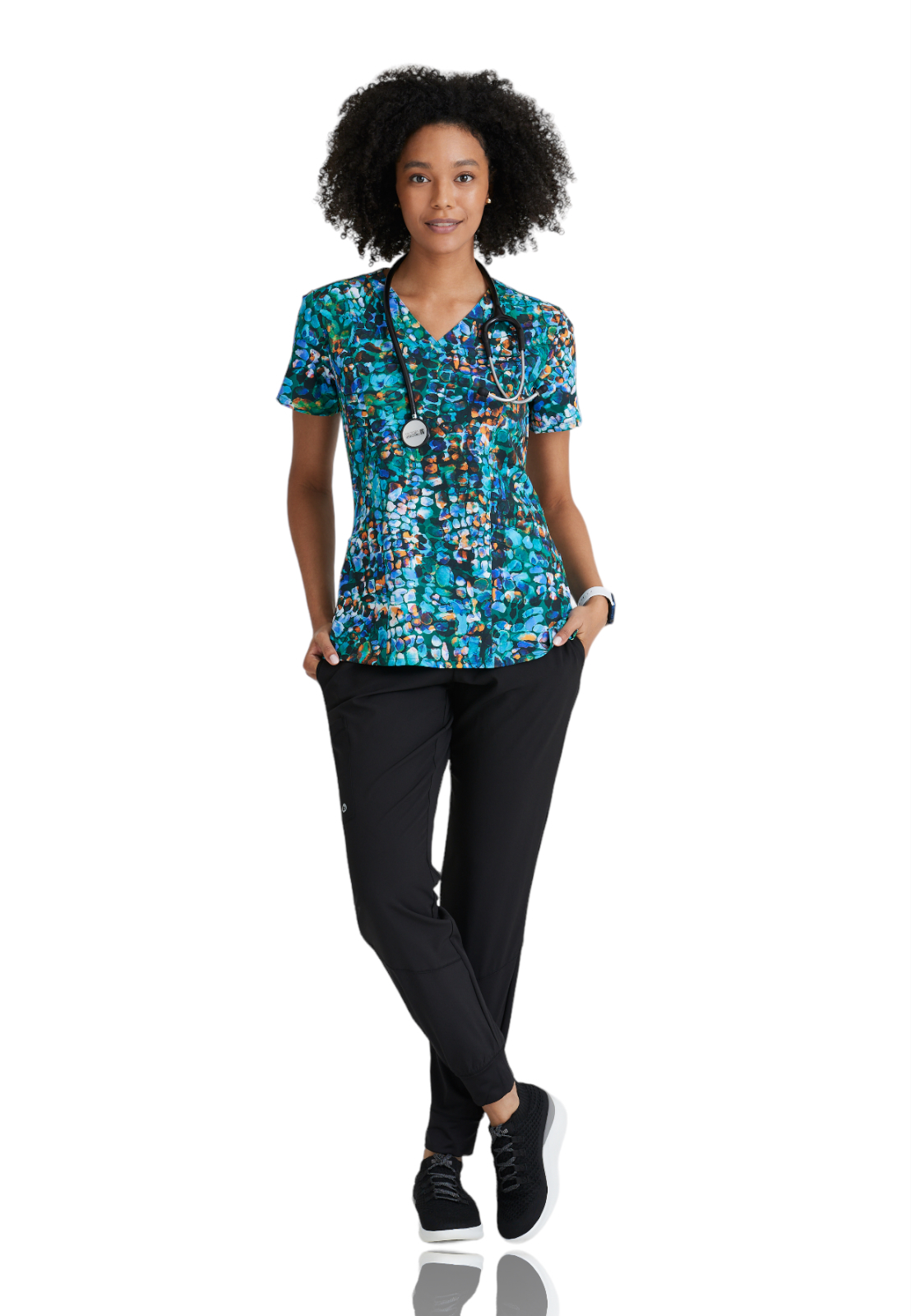 Barco One - Women's Four-Pocket V-Neck Thrive Print Scrub Top 9
