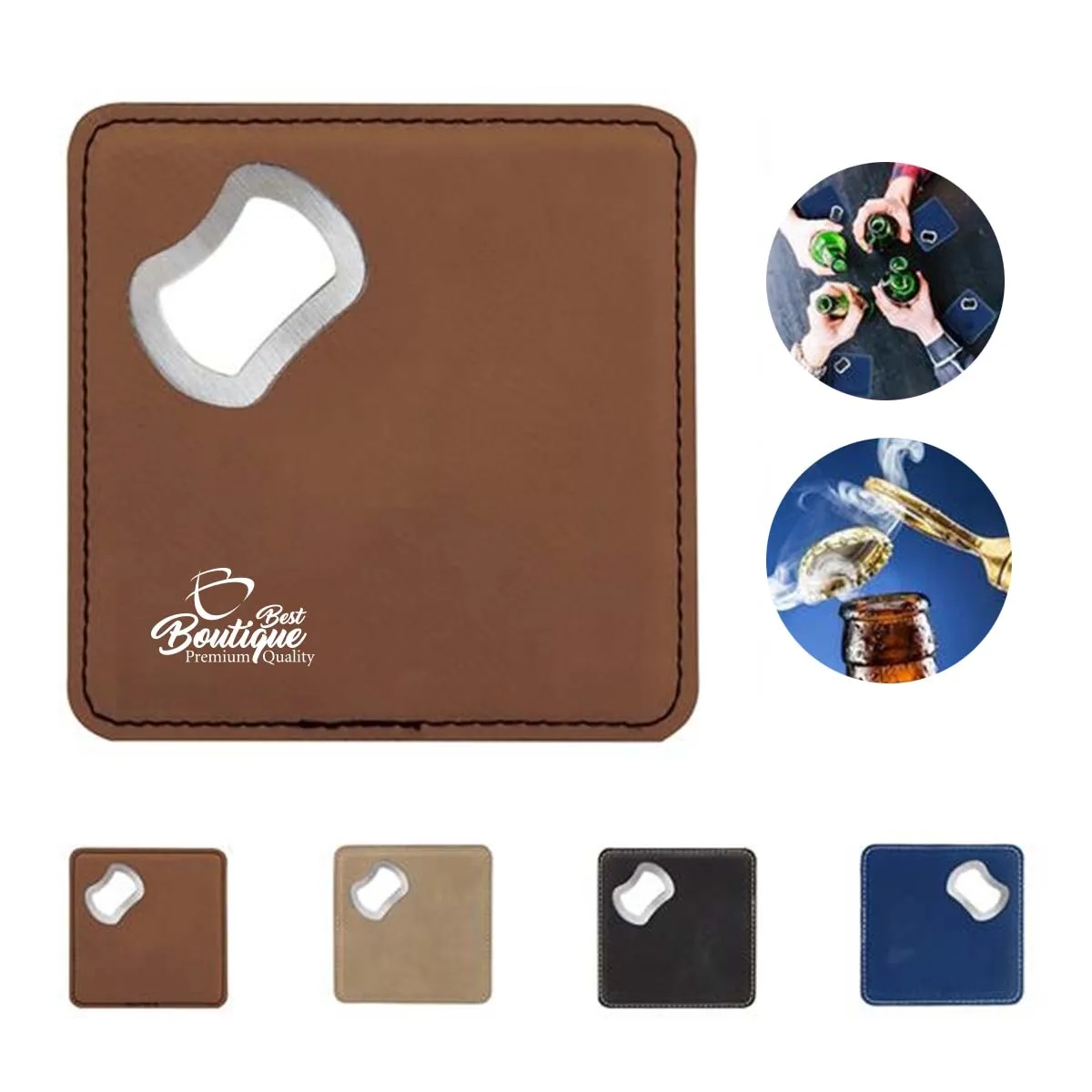 Custom Stainless Steel Vegan Leather Coaster Bottle Opener 5