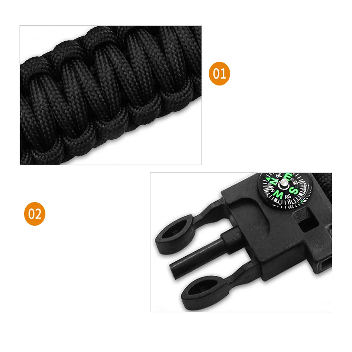 5in1 Scraper Whistle Compass Fire Starter Survival Bracelet 2