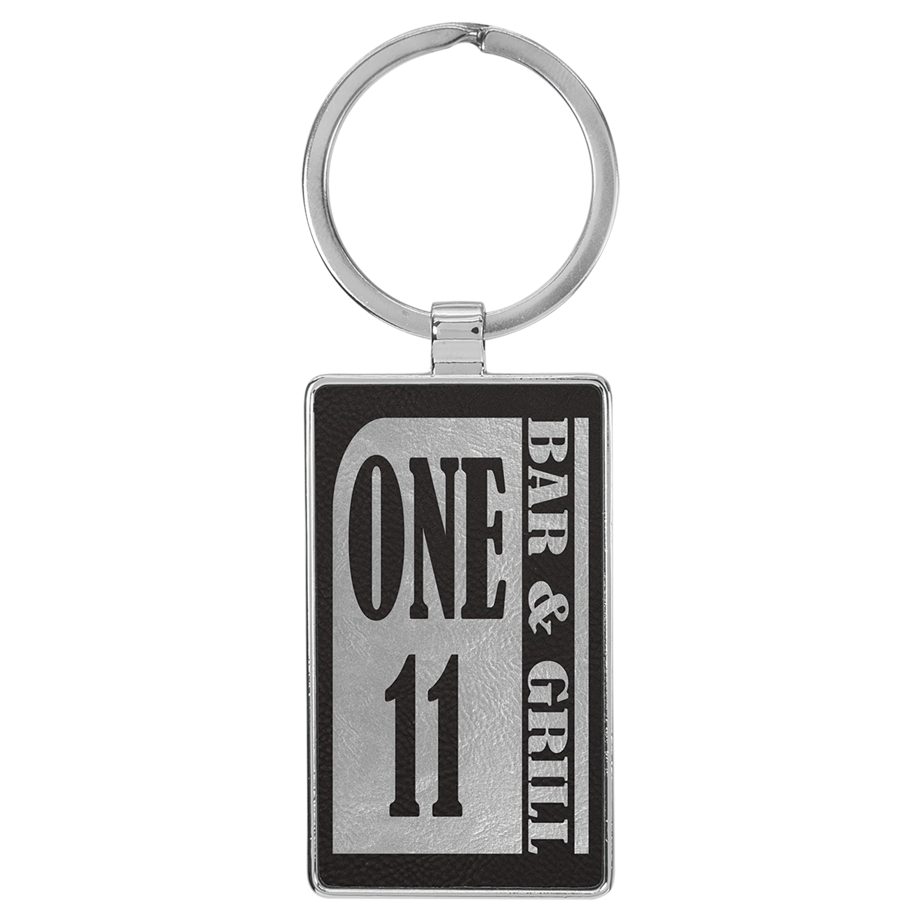 2 3/4" x 1 1/4" Leatherette/Metal Black/Silver Rectangle Keychain 2