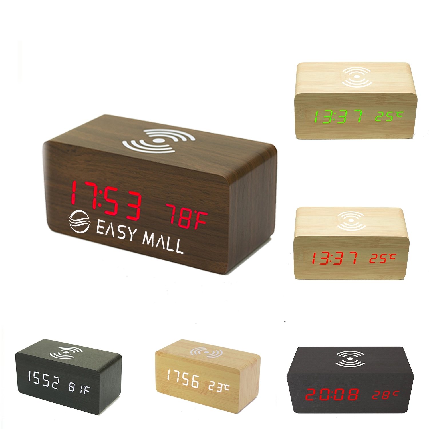 Wooden Alarm Clock w/ Wireless Charging 2