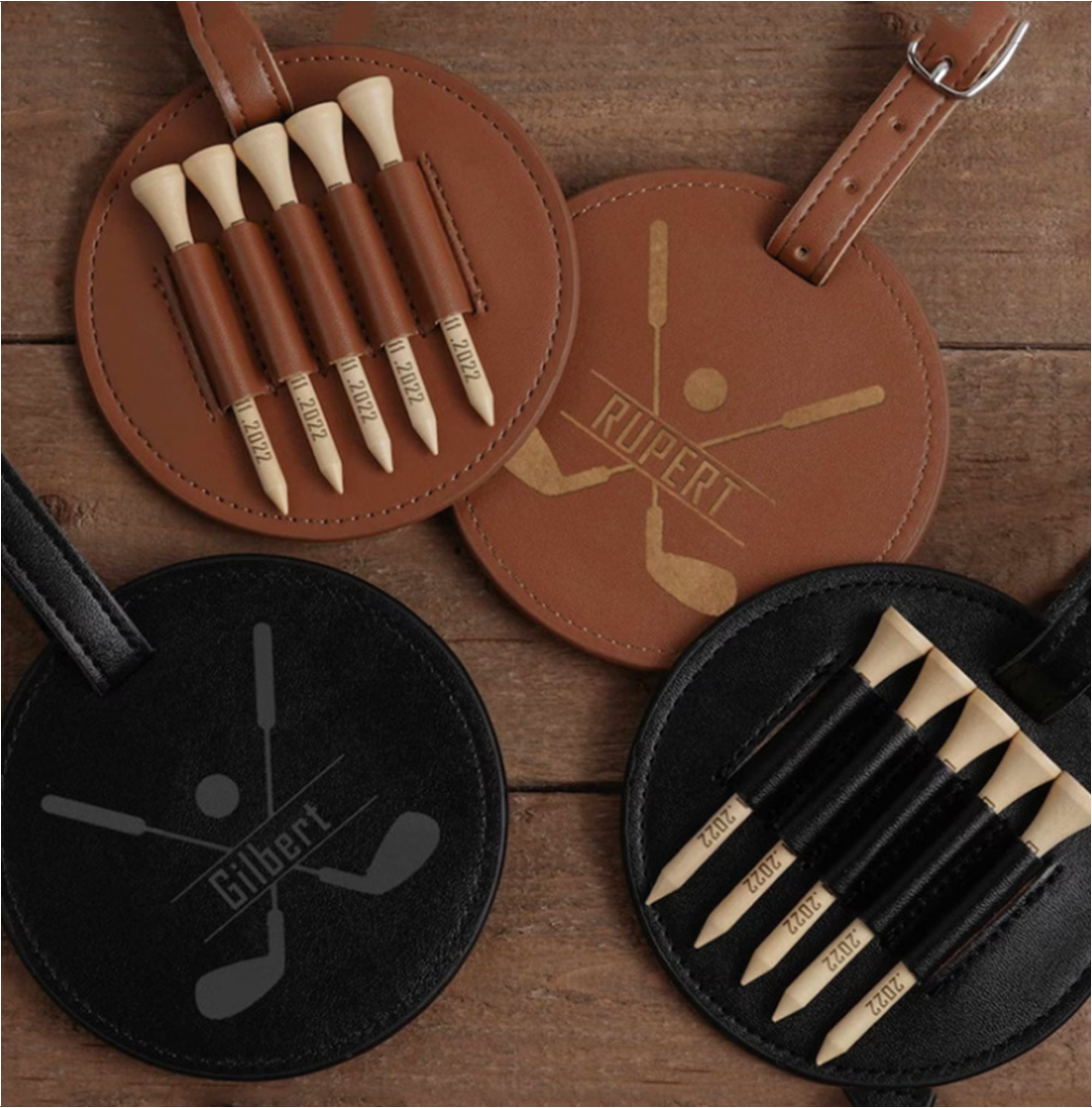 Premium Leatherette Golf Tee Holder Pouch with 5 Wooden Tees 1