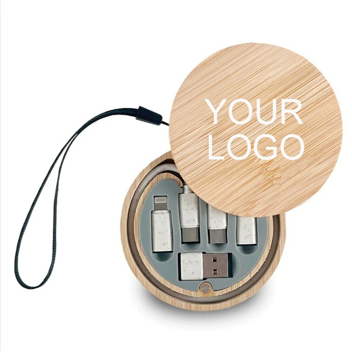3-Way Adaptive Charging Cable in Bamboo Case - One-Color Personalization Available 2