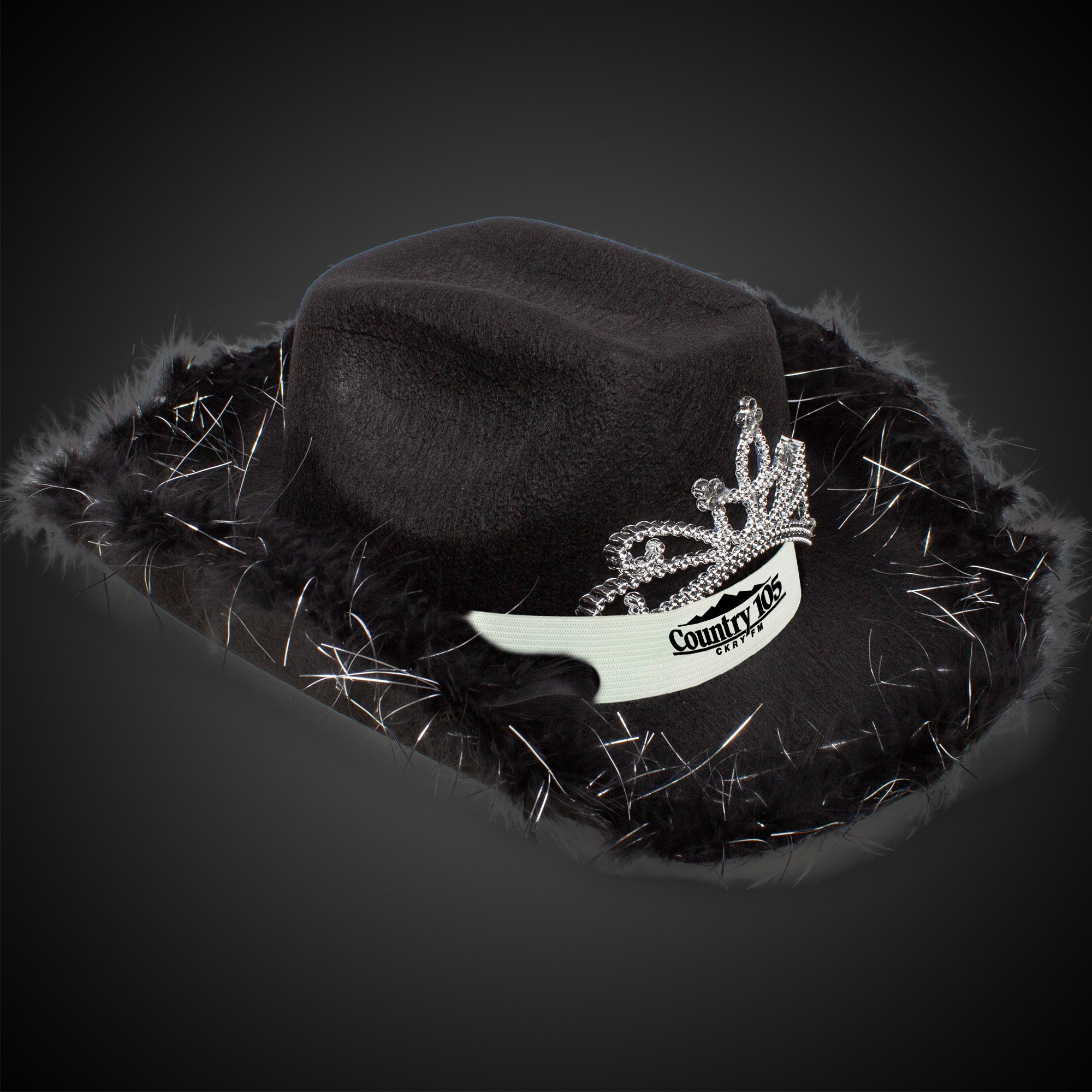 Black Light Up Cowboy Hat w/ Tiara and Feather(White Imprinted Band)
