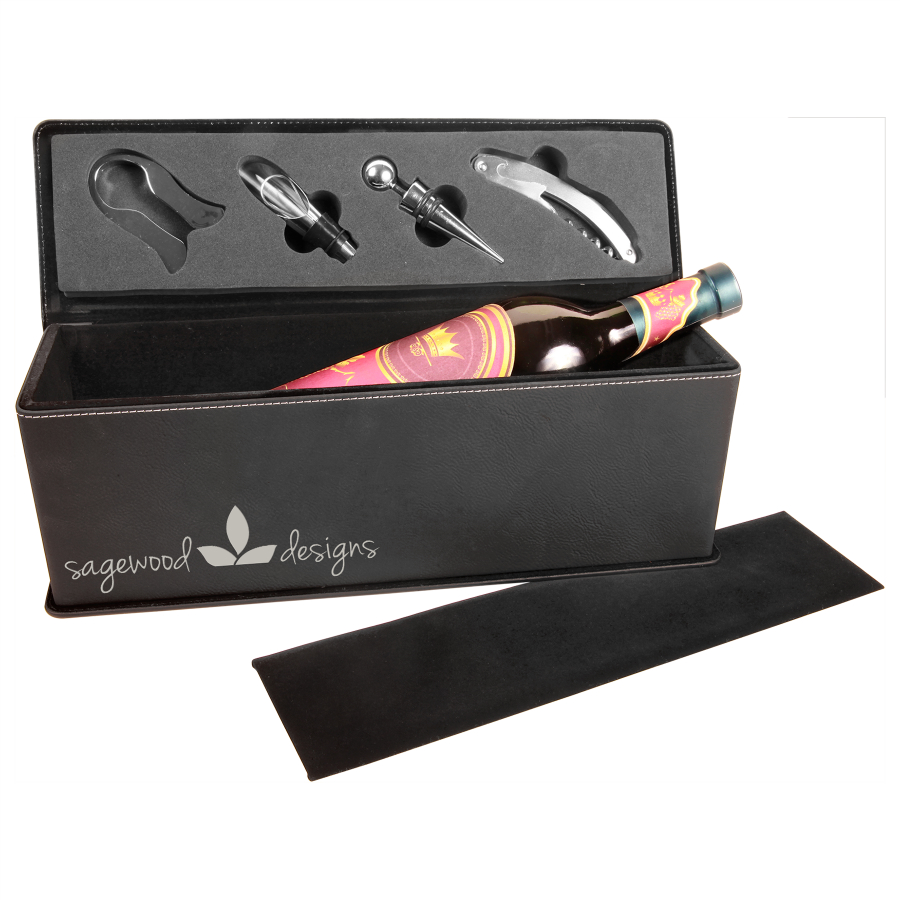 Black/Silver Leatherette Single Wine Box with Tools 2
