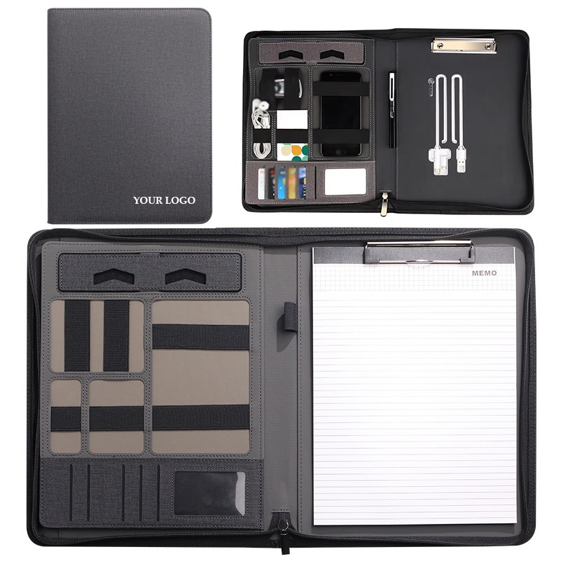 Multi-Functional Pu Leather Zipper File Folder Padfolio With Power Bank 3
