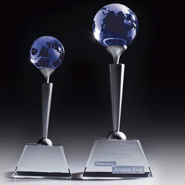 New Style Optical Crystal Blue Globe Award perched on Metal Pole,Small Size 1