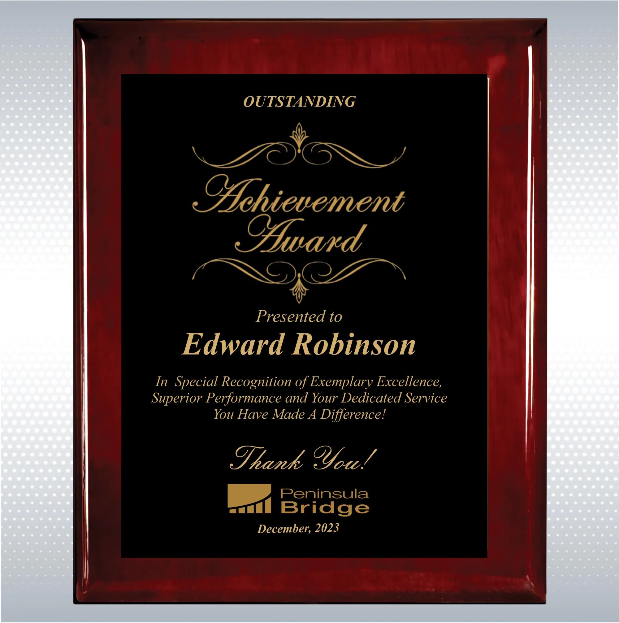 Rosewood Piano Wood Excellence Employee Recognition Plaque 13