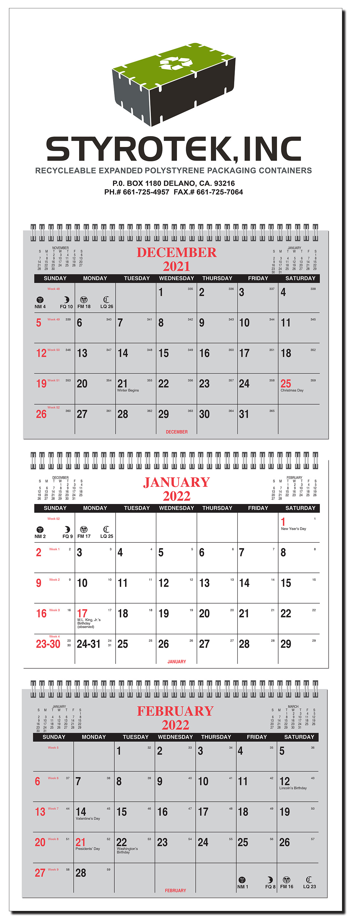 Three Month in View Four Panel Wall Calendar One Color