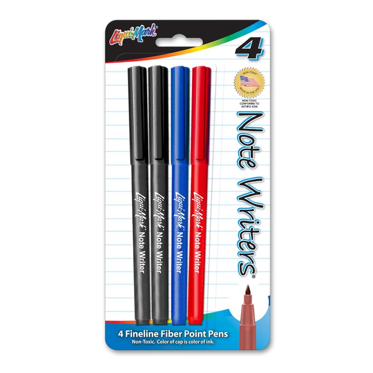 4 Pack Note Writer Pens Fiber Point Pens - Assorted Colors - Made in the USA