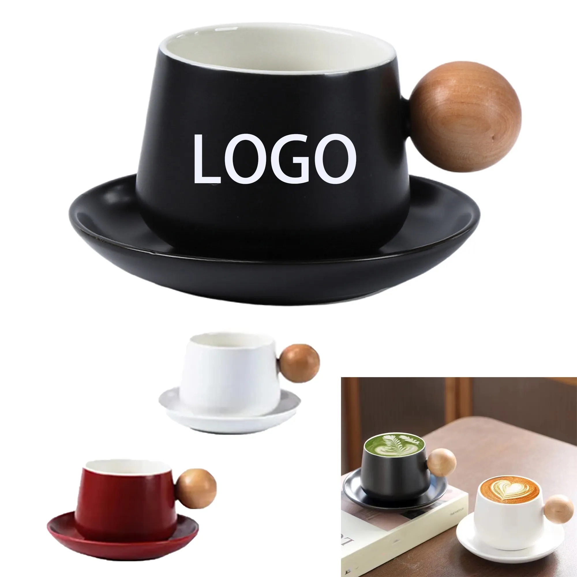 Ceramic Coffee Cup Set With Wooden Handle 2