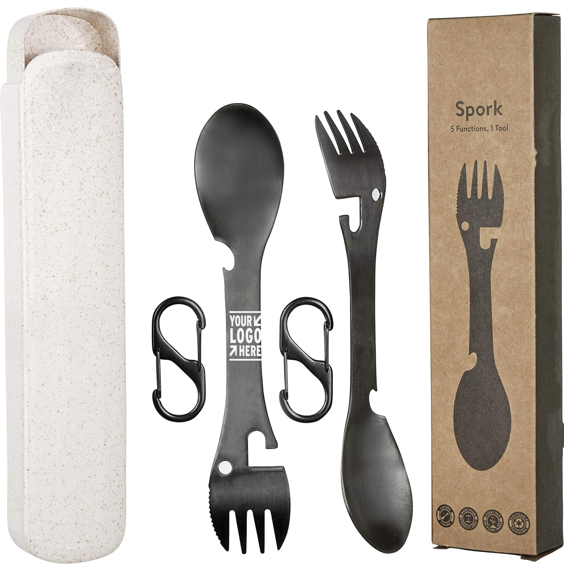 Travel Hiking Eco Friendly Stainless Steel 2 Spork Set With Carry Clip, Storage Case 1